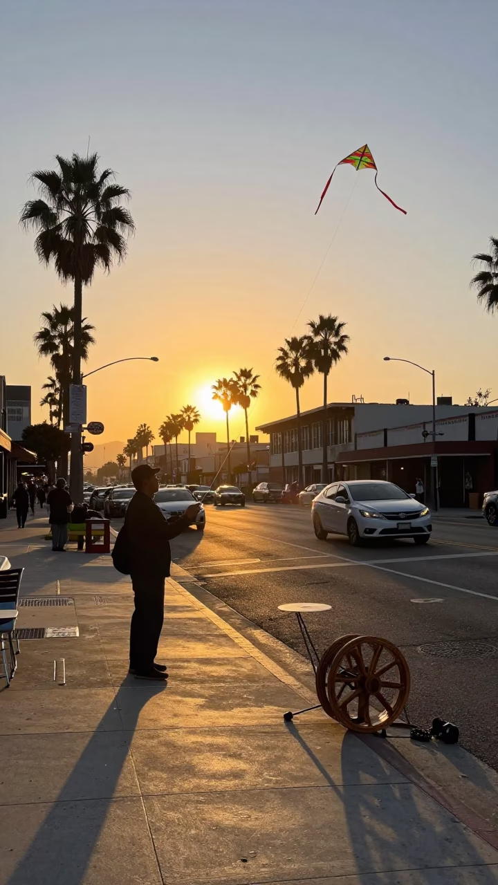 Sunset Street Scene in Los Angeles California with Kite Reel and Urban Details in in Los Angeles, California, United States