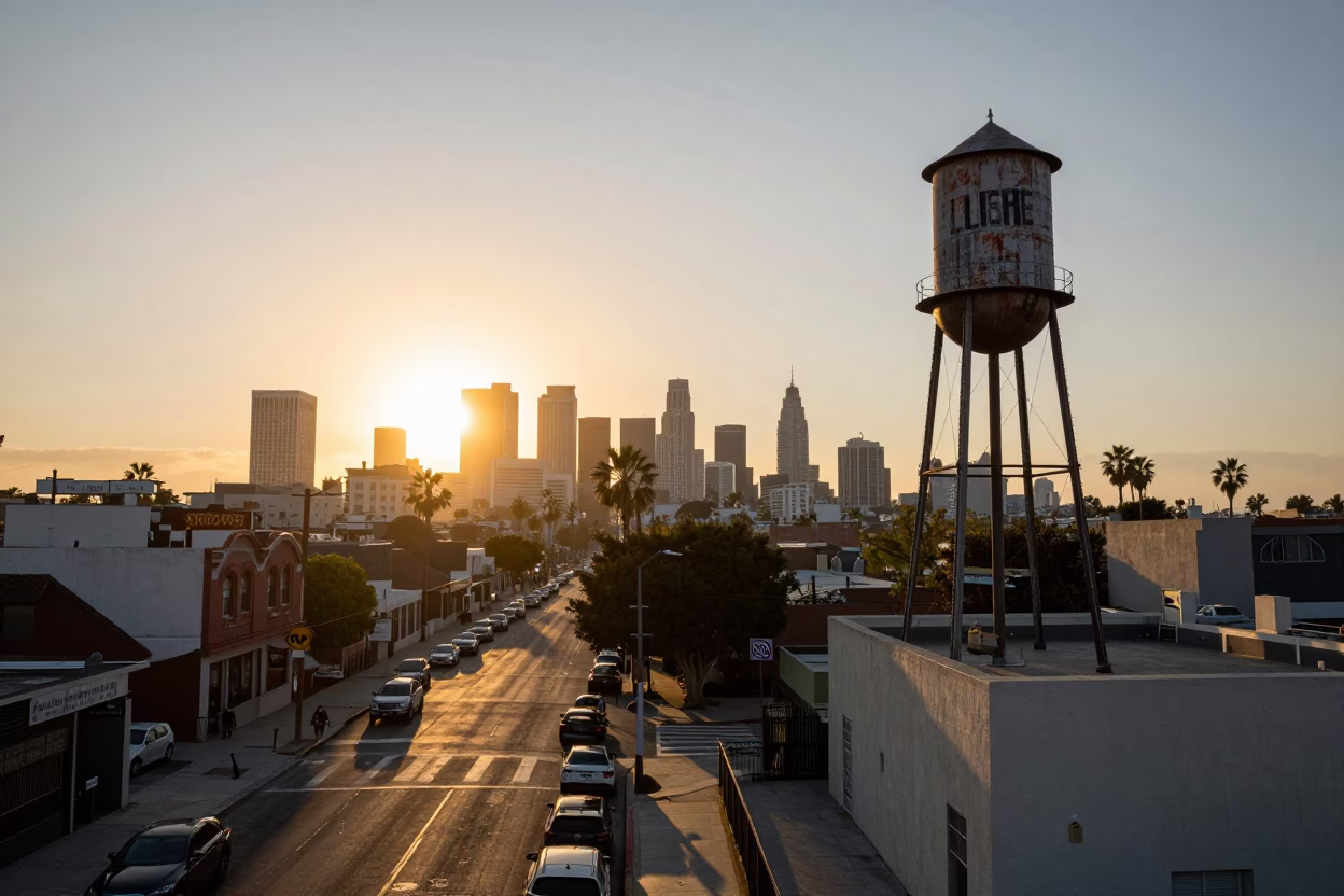 Sunset Street Scene in Los Angeles California with Water Tower and Urban Details in in Los Angeles, California, United States
