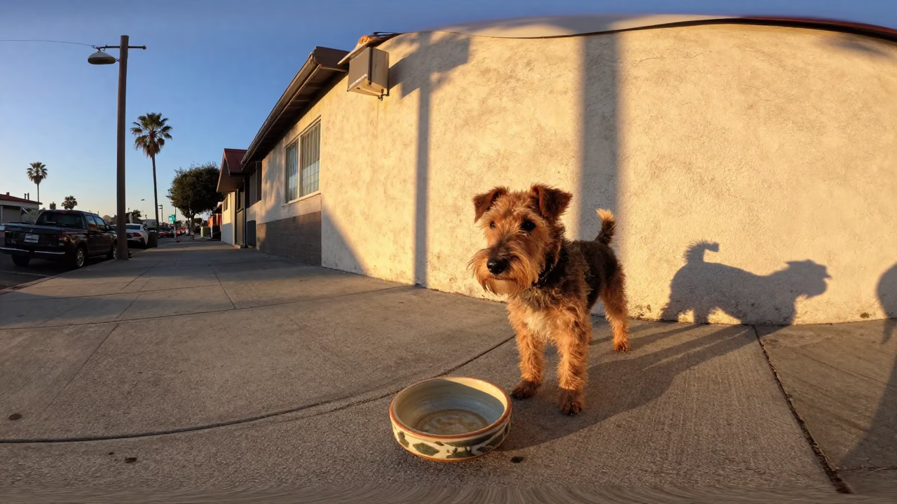 Sunset Street Scene in Los Angeles with Ceramic Bowl and Jagdterrier in in Los Angeles, California, United States