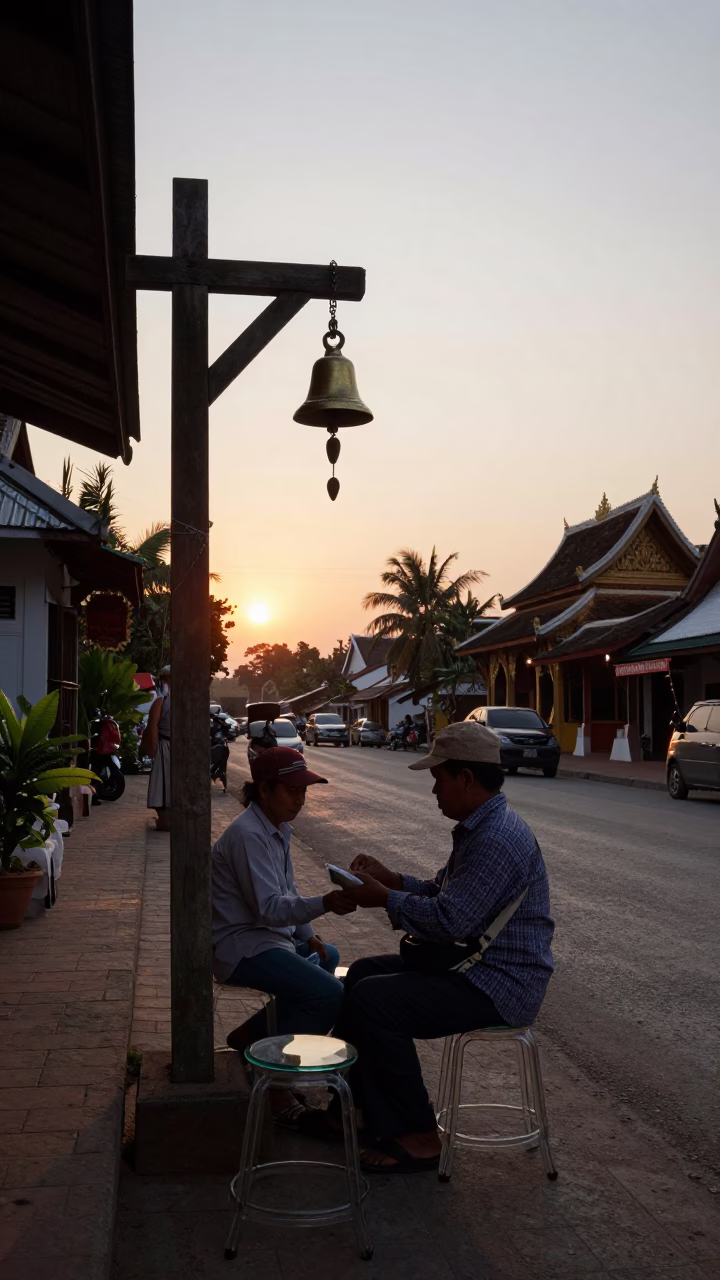 Sunset Street Scene in Luang Prabang Laos with Bell and Glass Stool in in Luang Prabang, Laos
