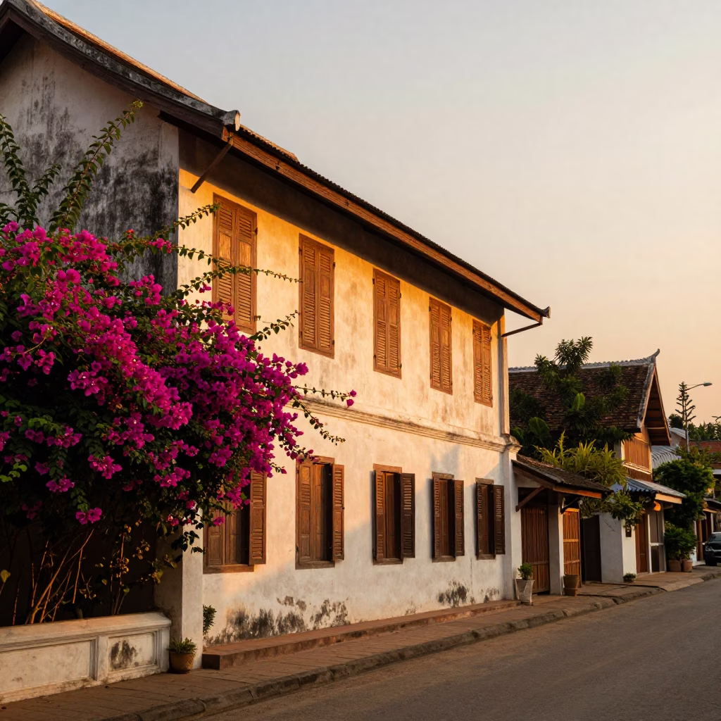 Sunset street scene in Luang Prabang Laos with bougainvillea and traditional architecture in in Luang Prabang, Laos