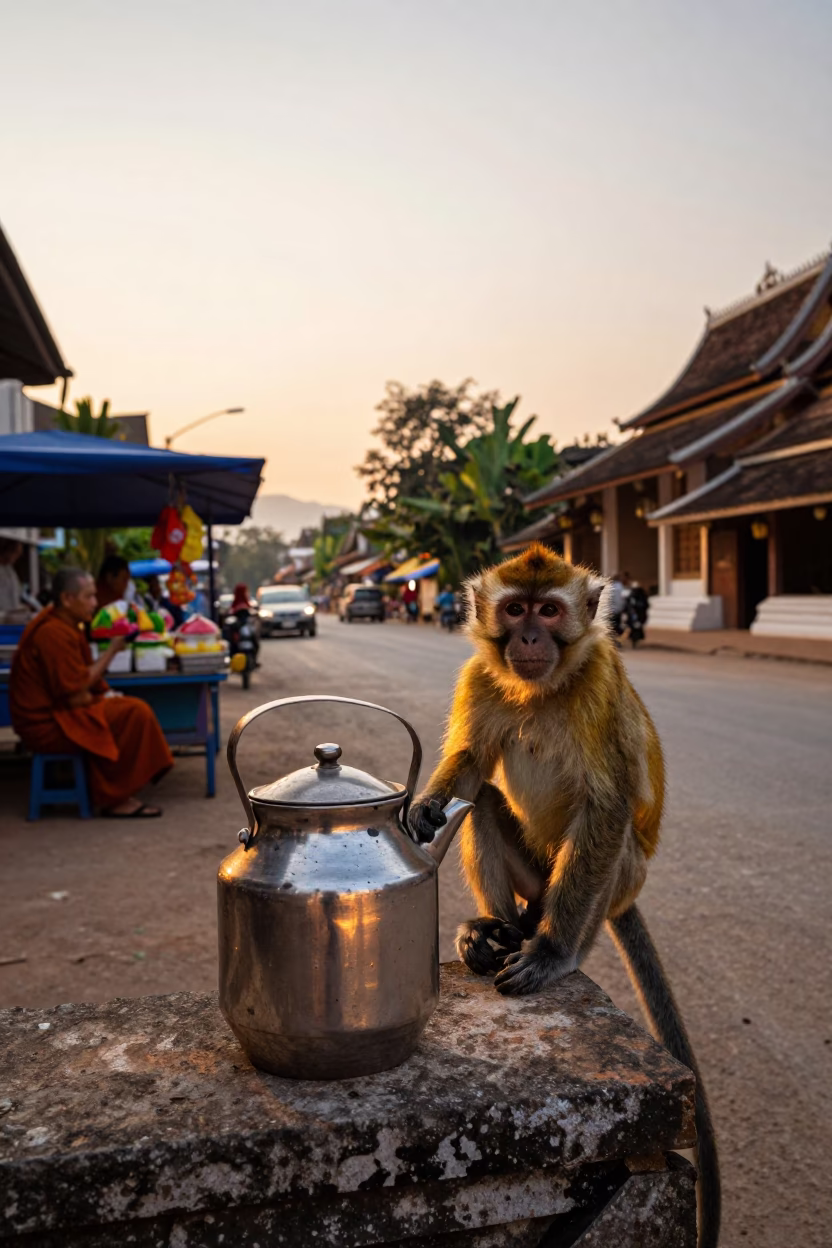 Sunset Street Scene in Luang Prabang Laos with Food Vendor and Monks in in Luang Prabang, Laos