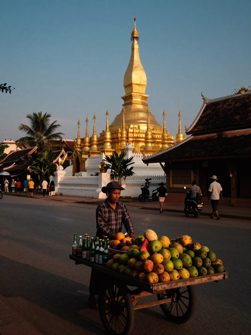 Sunset Street Scene in Luang Prabang Laos with Glass Bottles and Local Market Activity in in Luang Prabang, Laos
