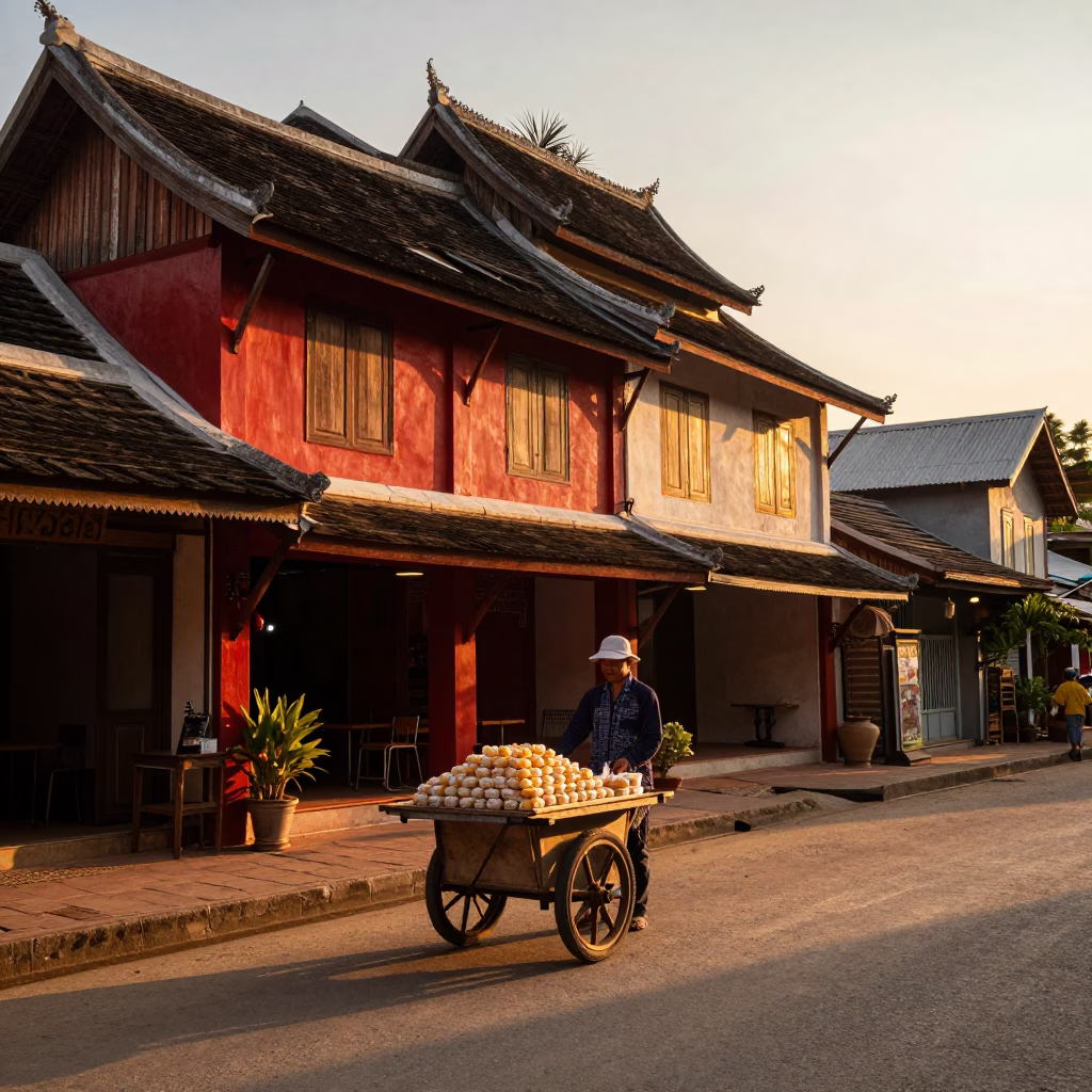 Sunset Street Scene in Luang Prabang Laos with Honey Drizzled Loukoumades in in Luang Prabang, Laos