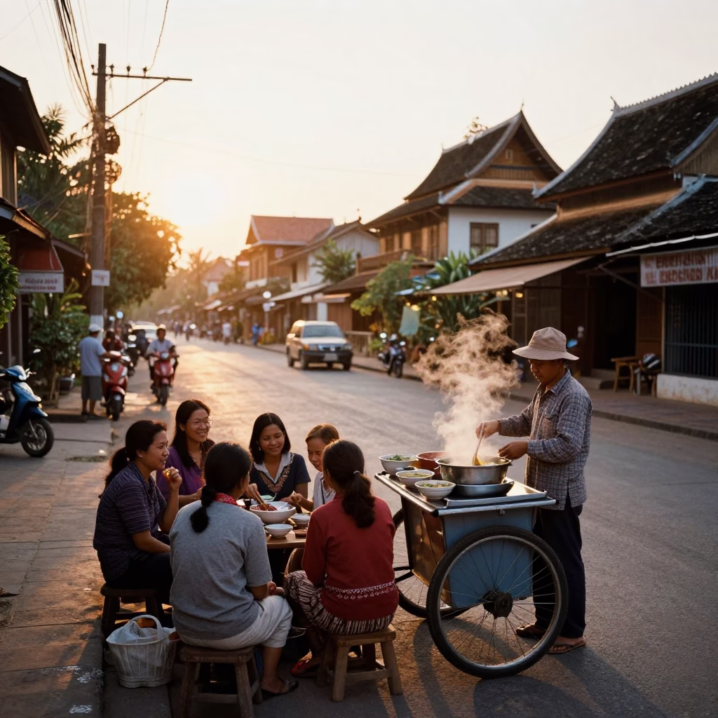 Sunset street scene in Luang Prabang Laos with locals and traditional architecture in in Luang Prabang, Laos