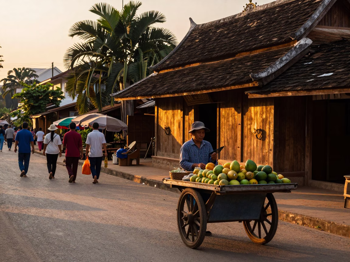 Sunset street scene in Luang Prabang Laos with locals and traditional elements in in Luang Prabang, Laos