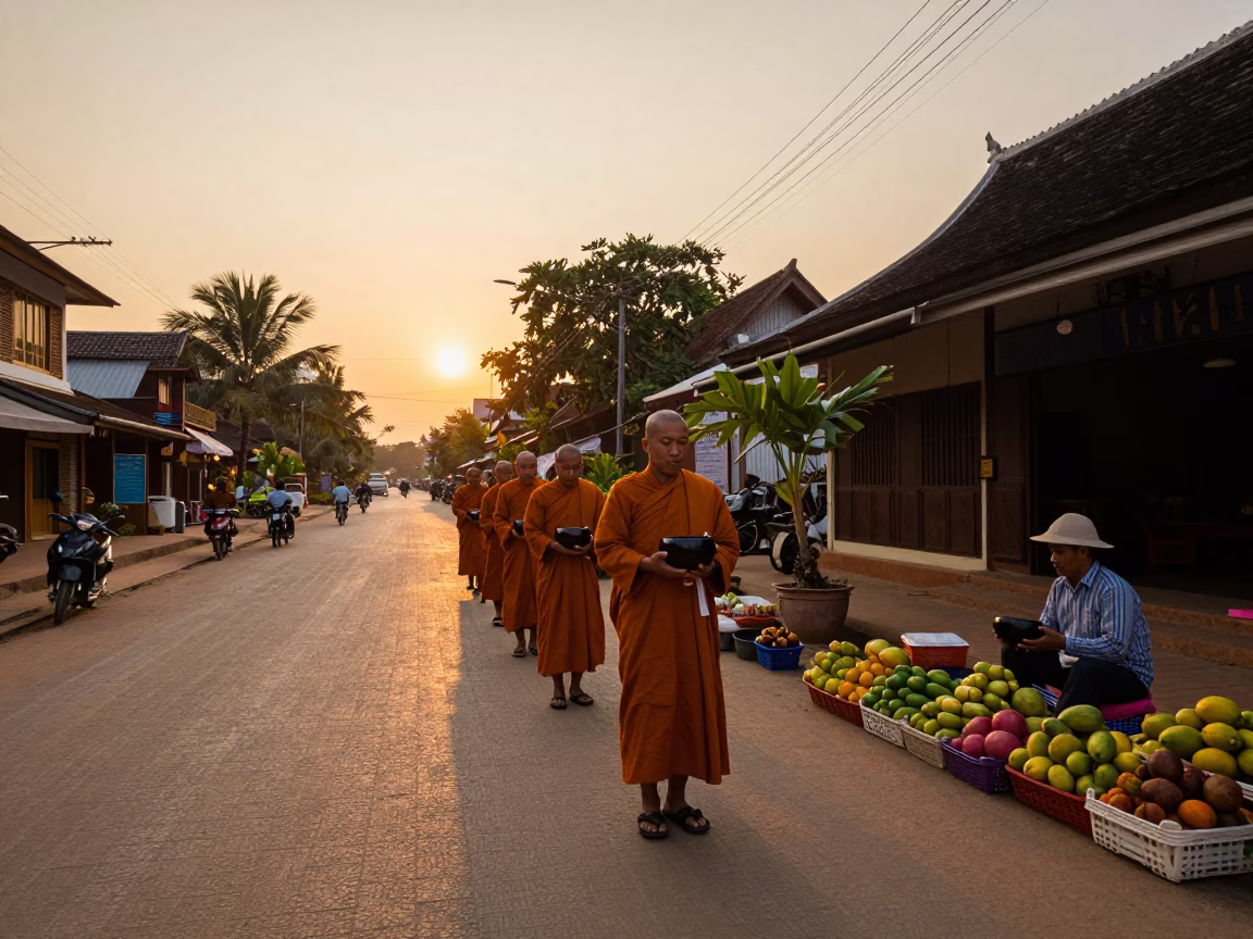 Sunset Street Scene in Luang Prabang Laos with Monk Alms and Local Market Activity in in Luang Prabang, Laos