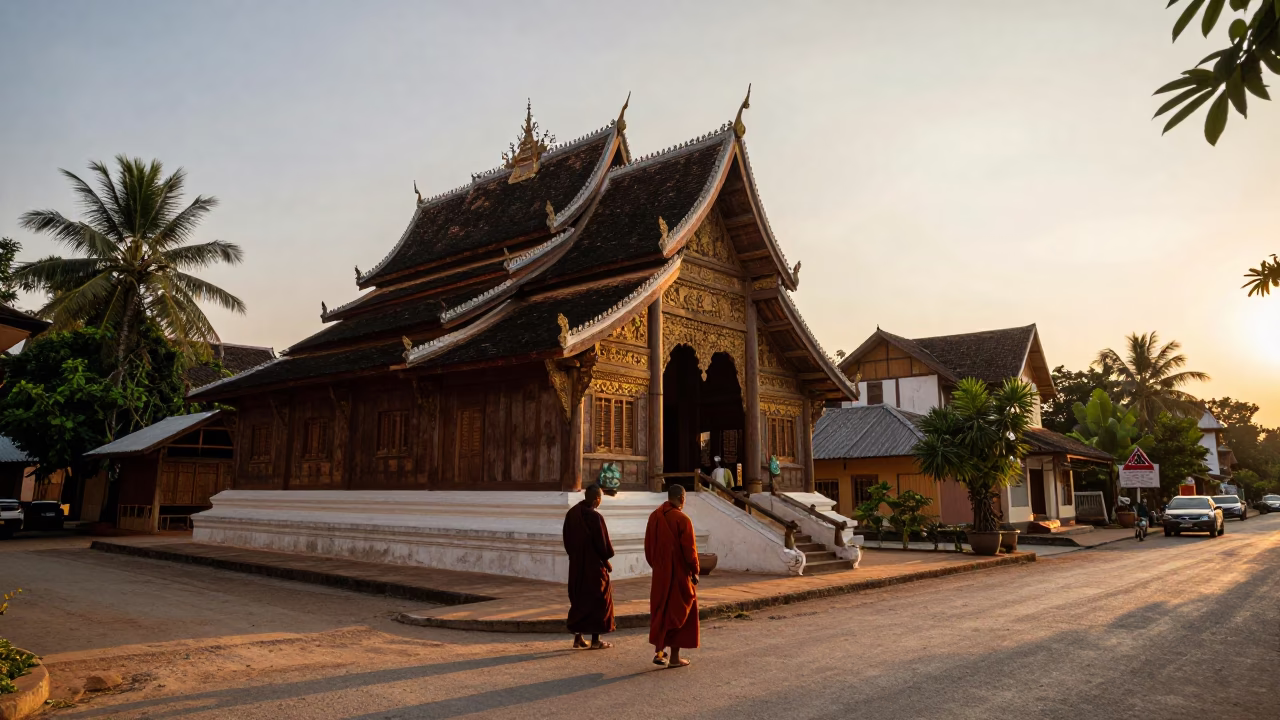 Sunset street scene in Luang Prabang Laos with monk alms and traditional architecture in in Luang Prabang, Laos