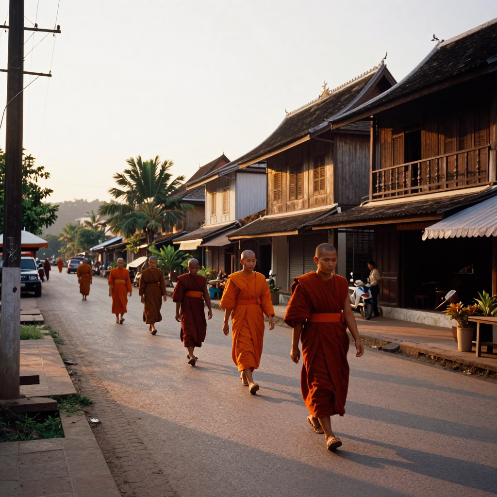 Sunset Street Scene in Luang Prabang Laos with Monks and Local Life in in Luang Prabang, Laos