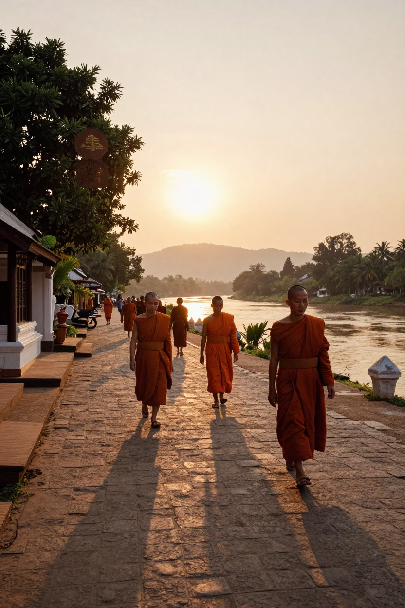 Sunset Street Scene in Luang Prabang Laos with Monks and River View in in Luang Prabang, Laos