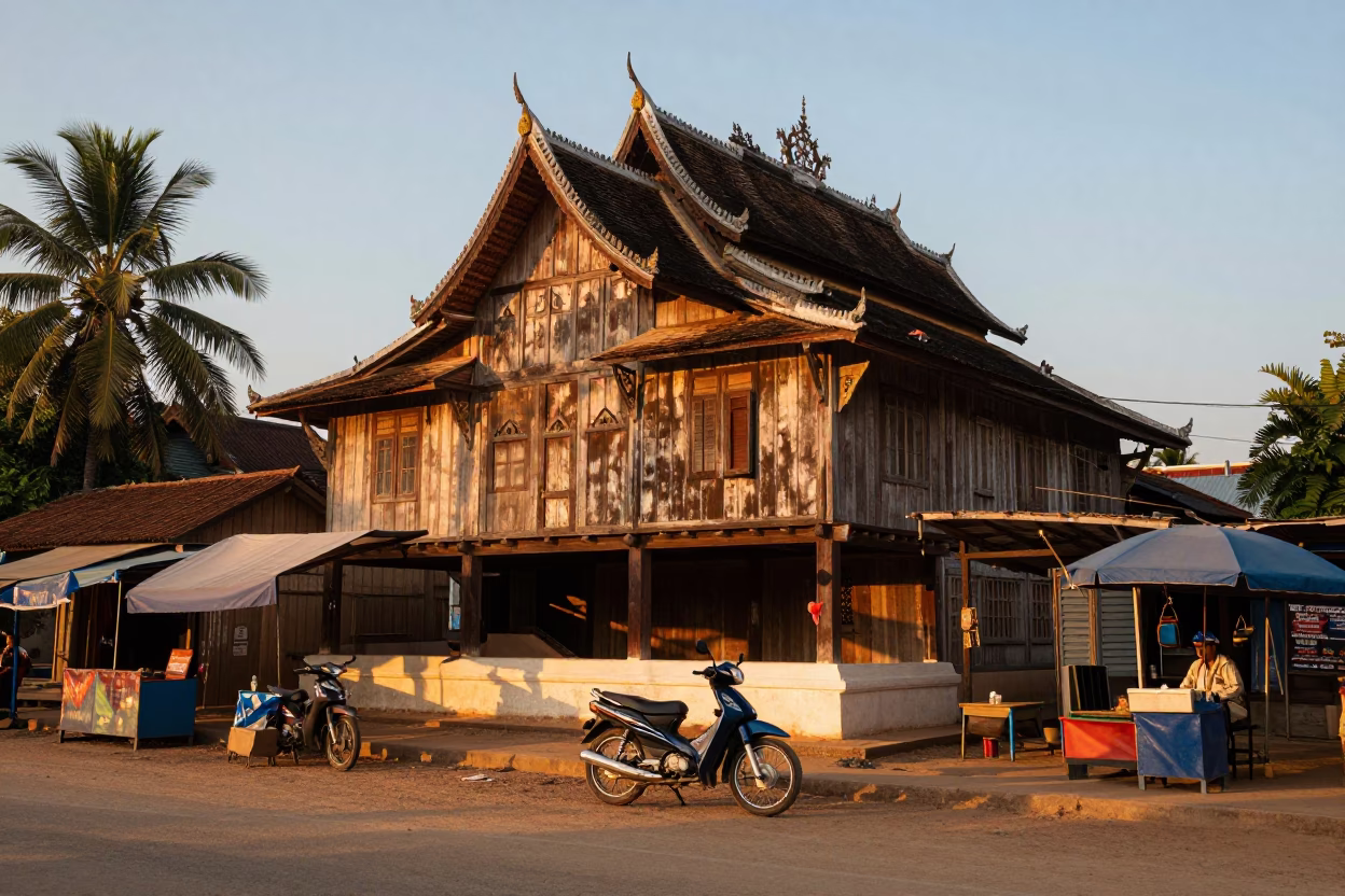 Sunset street scene in Luang Prabang Laos with motorbike and market stalls in in Luang Prabang, Laos