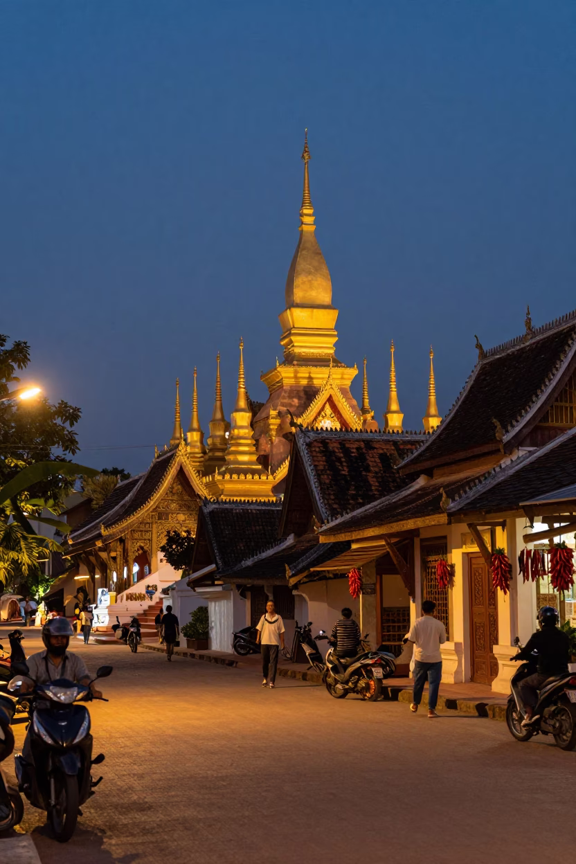 Sunset Street Scene in Luang Prabang Laos with Motorcycles and Chili Peppers in in Luang Prabang, Laos
