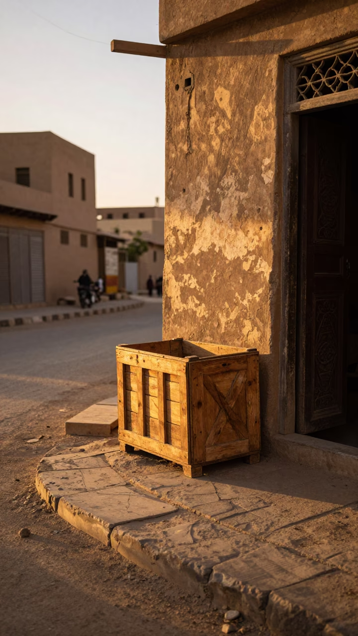 Sunset street scene in Luxor Egypt with wooden crate and rustic details in in Luxor, Egypt