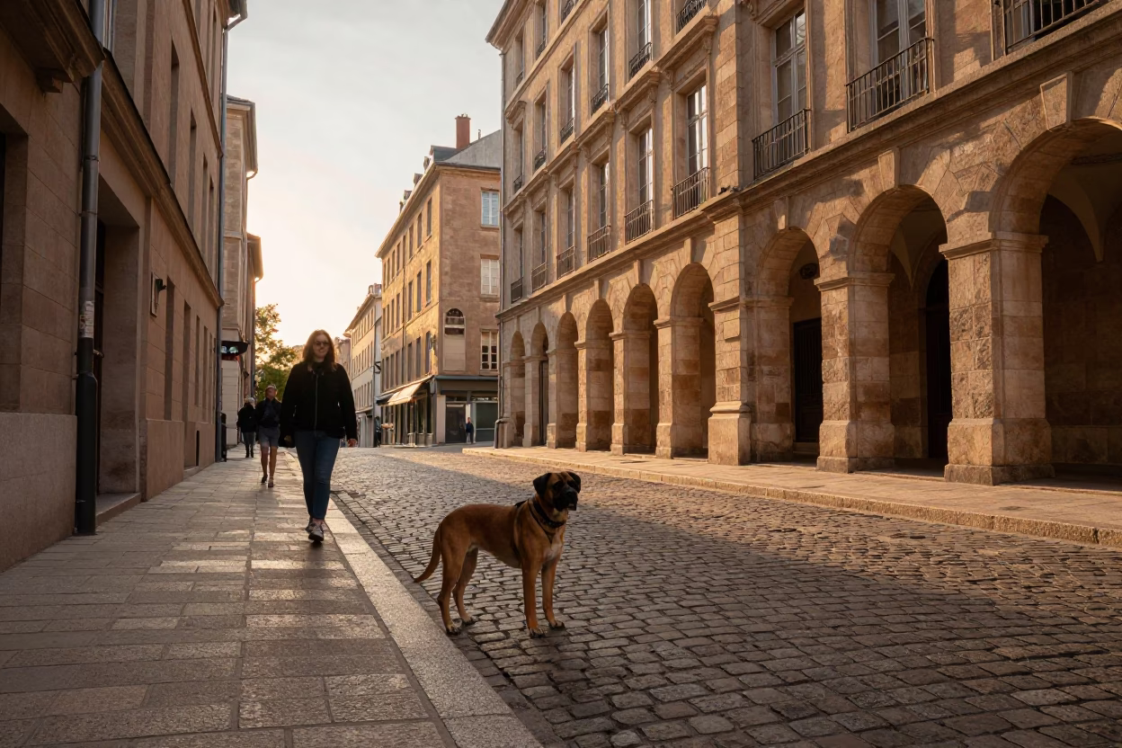 Sunset Street Scene in Lyon France with Braque du Bourbonnais Dog and Wicker Basket in in Lyon, France