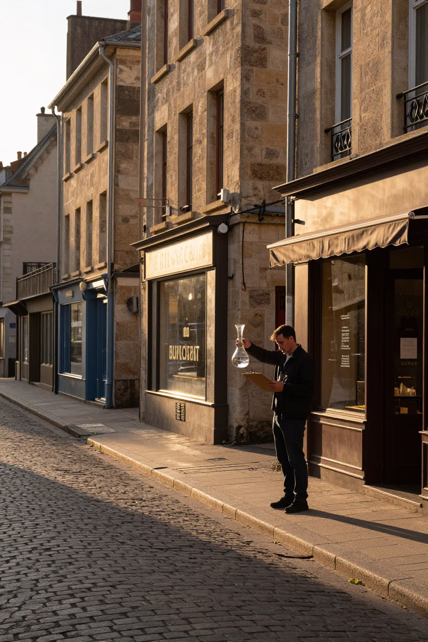 Sunset Street Scene in Lyon France with Clipboard and Glass Carafe in in Lyon, France