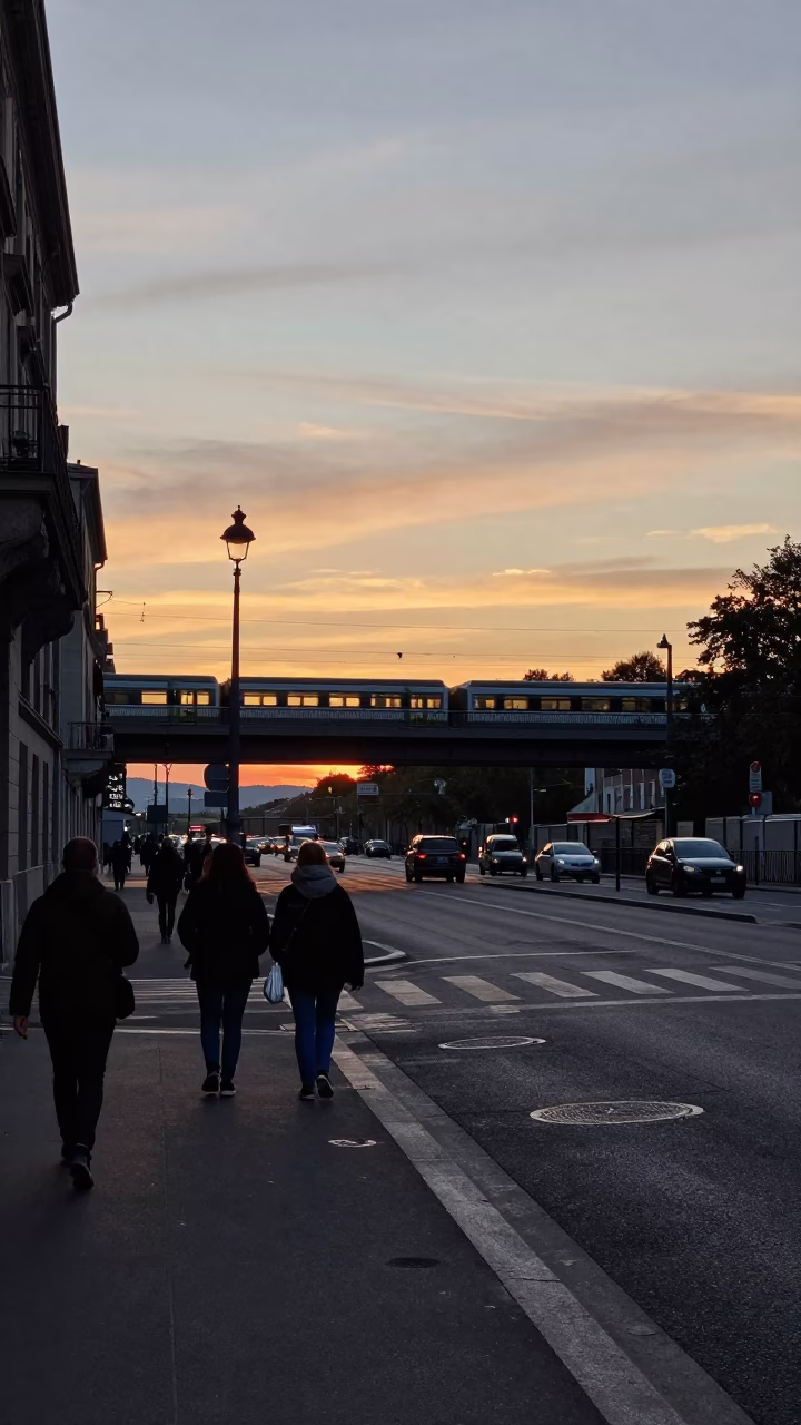 Sunset Street Scene in Lyon France with Commuter Train Crossing Bridge in in Lyon, France