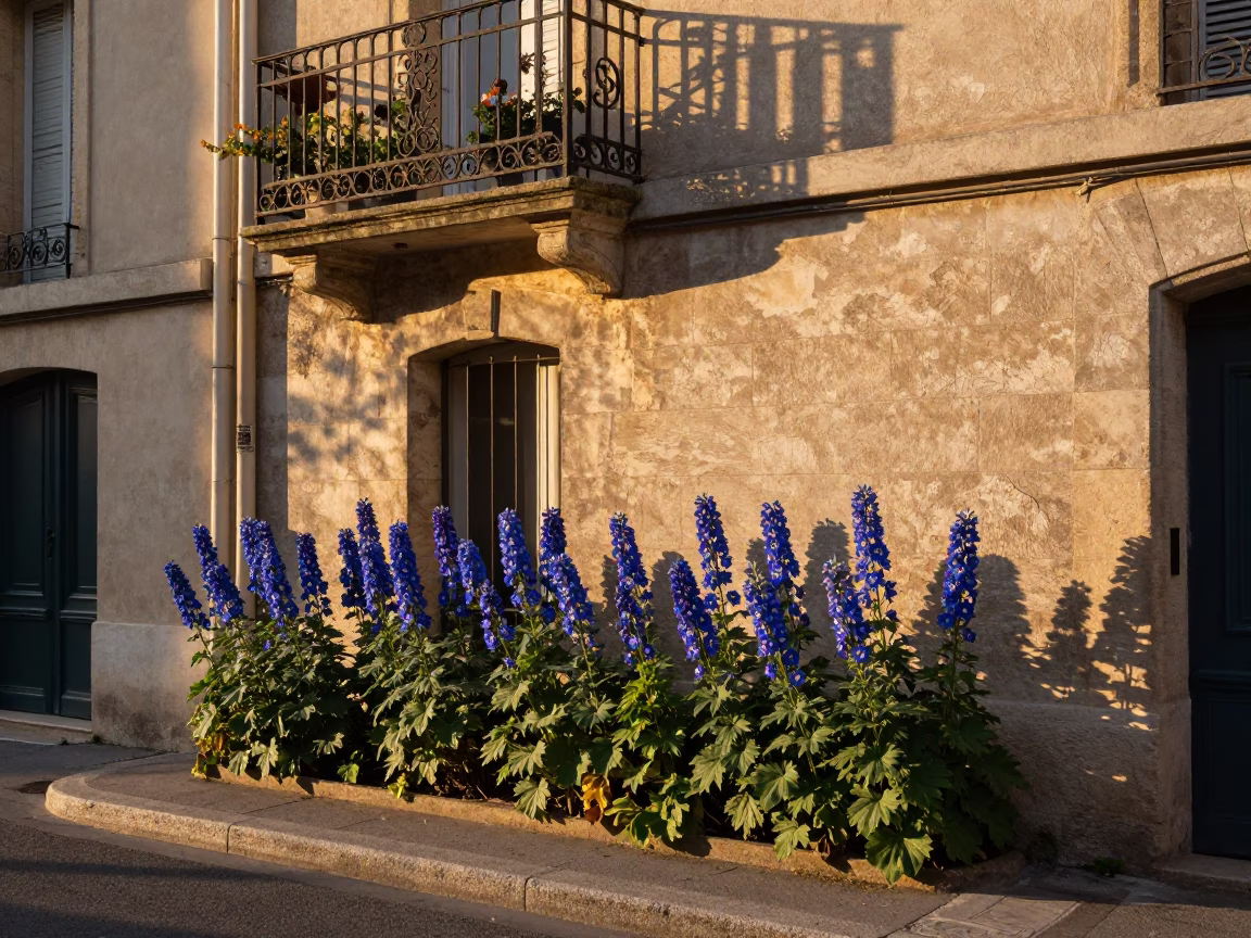 Sunset Street Scene in Lyon France with Delphinium Border and Vintage Atmosphere in in Lyon, France