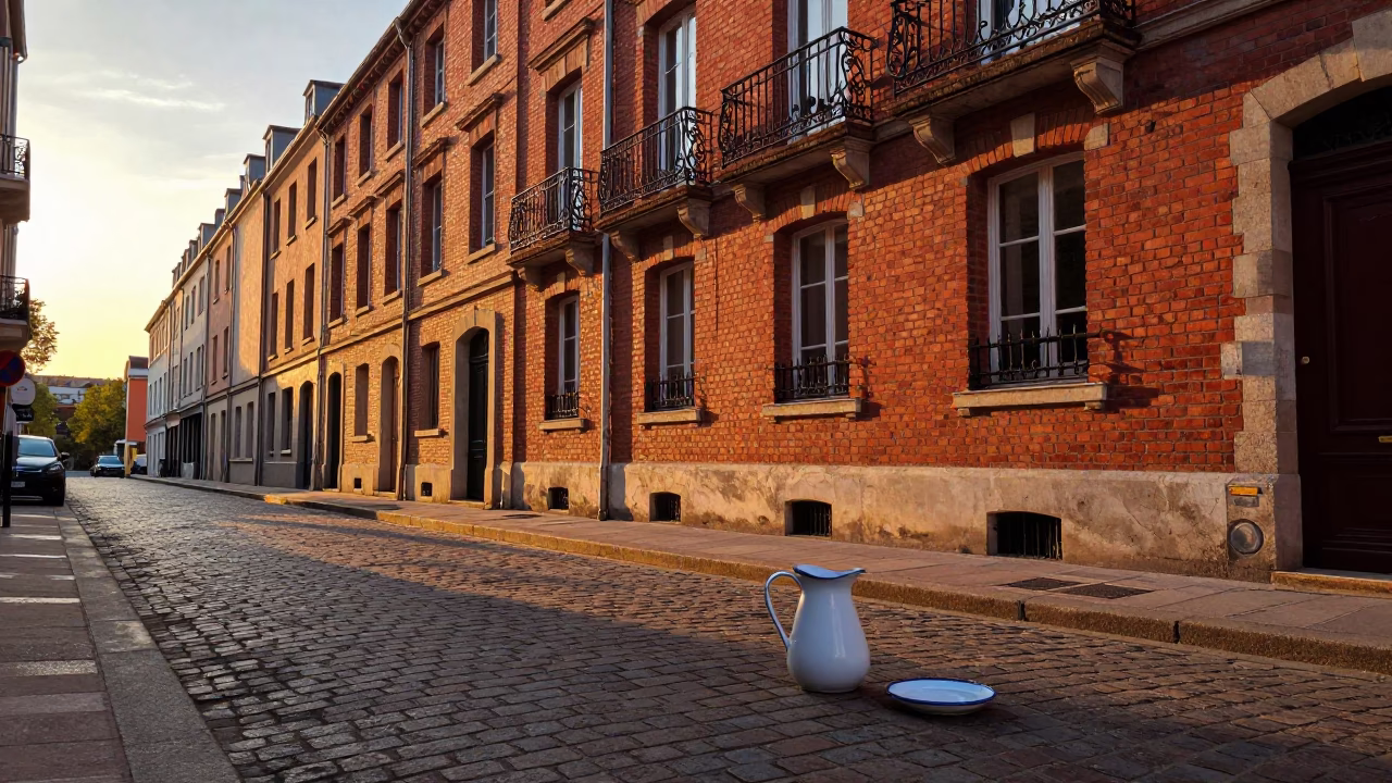 Sunset Street Scene in Lyon France with Enamel Pitcher and Saucer on Cafe Table in in Lyon, France
