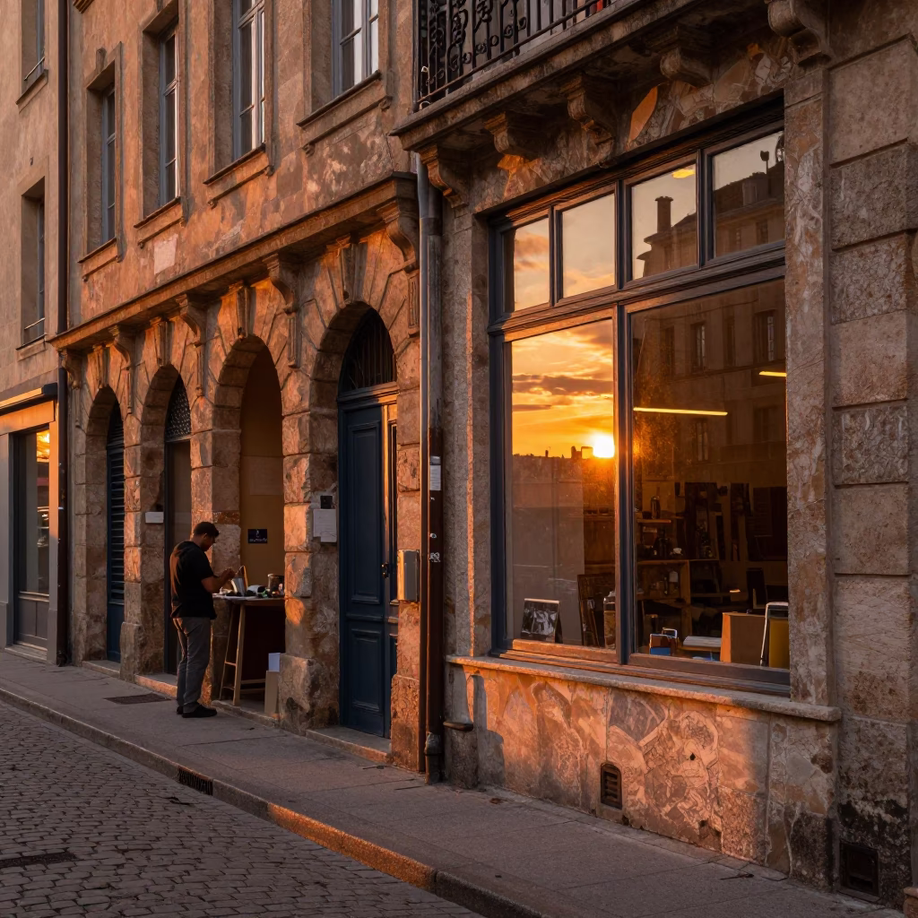 Sunset Street Scene in Lyon France with Glazed Ceramic Window Reflection in in Lyon, France