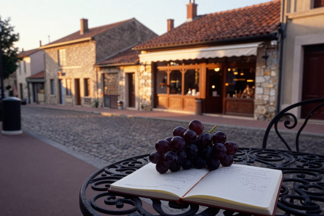 Sunset Street Scene in Lyon France with Grapes and Notebook on Cafe Table in in Lyon, France