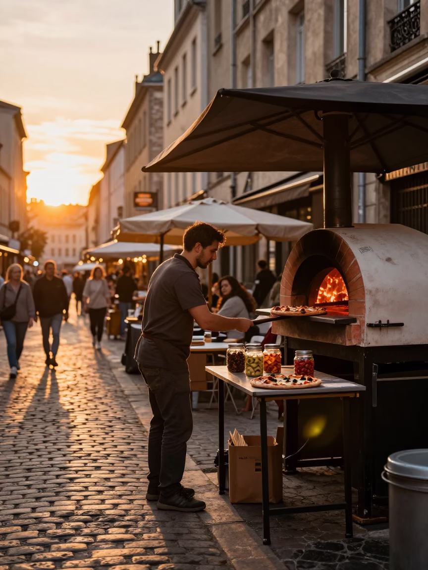 Sunset Street Scene in Lyon France with Jar and Pizza Oven in in Lyon, France