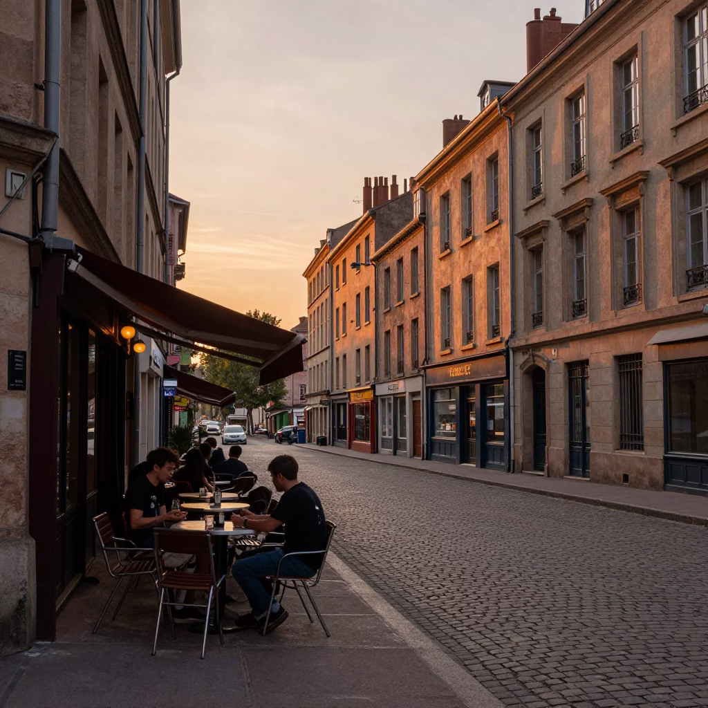 Sunset Street Scene in Lyon France with Local Diner and Traditional Architecture in in Lyon, France