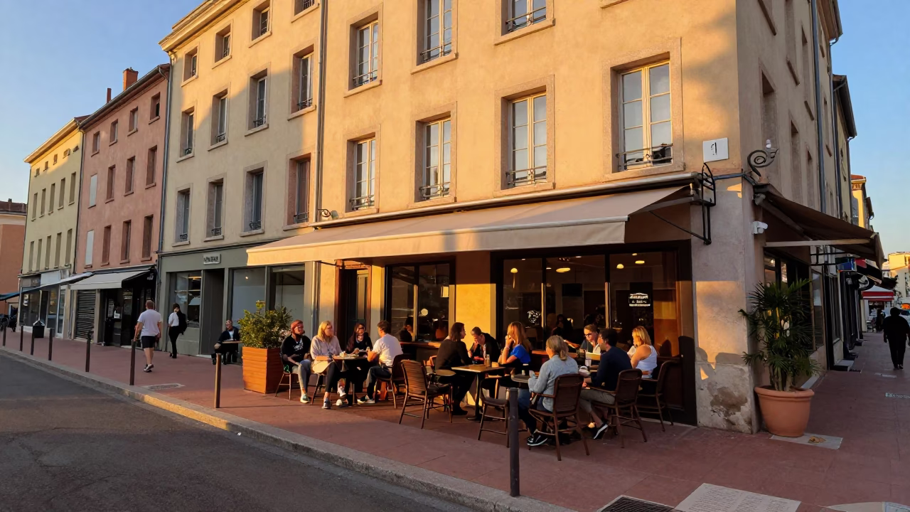 Sunset Street Scene in Lyon France with Outdoor Cafe and Terracotta Bowl in in Lyon, France