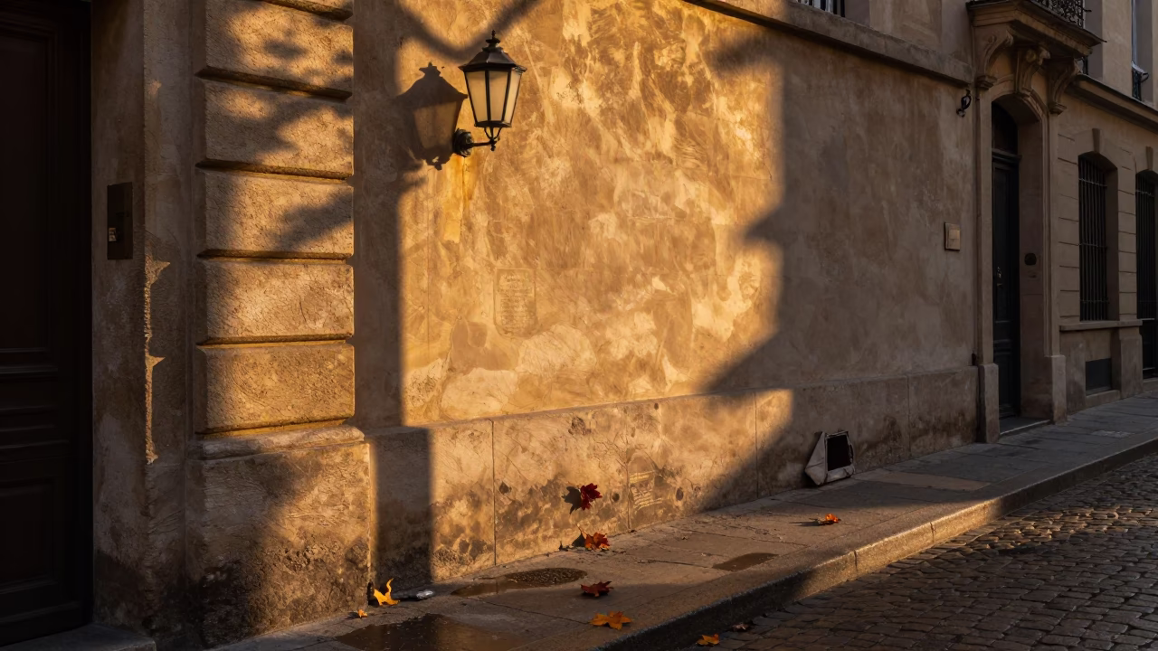 Sunset Street Scene in Lyon France with Plaster Wall Light and Autumn Maple Leaves in in Lyon, France