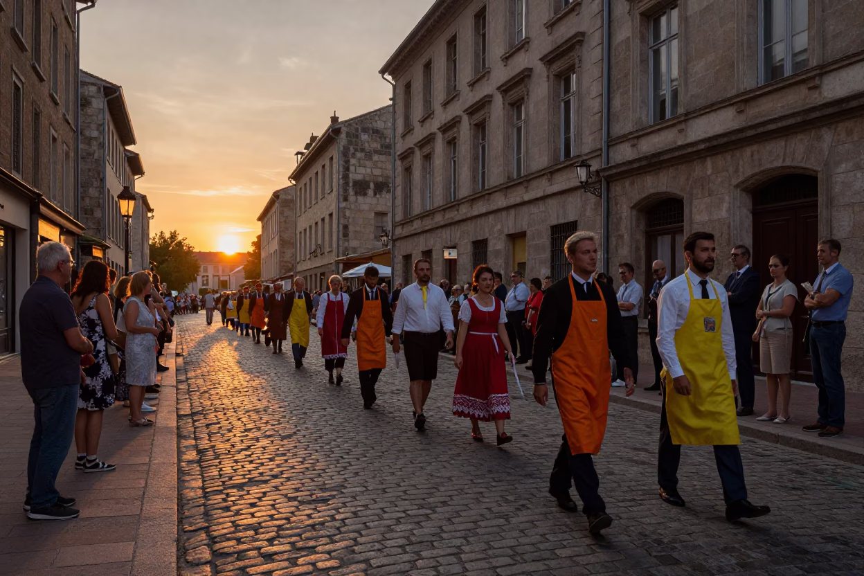 Sunset Street Scene in Lyon France with Traditional Wedding Procession and Aprons in in Lyon, France