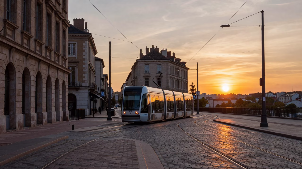 Sunset street scene in Lyon France with tram and historic architecture in in Lyon, France