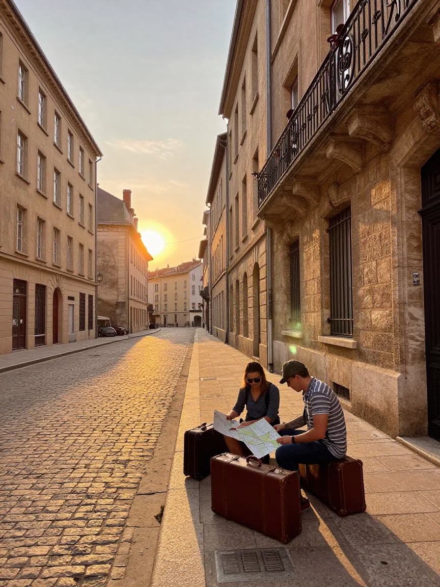 Sunset Street Scene in Lyon France with Travelers and Vintage Suitcases in in Lyon, France