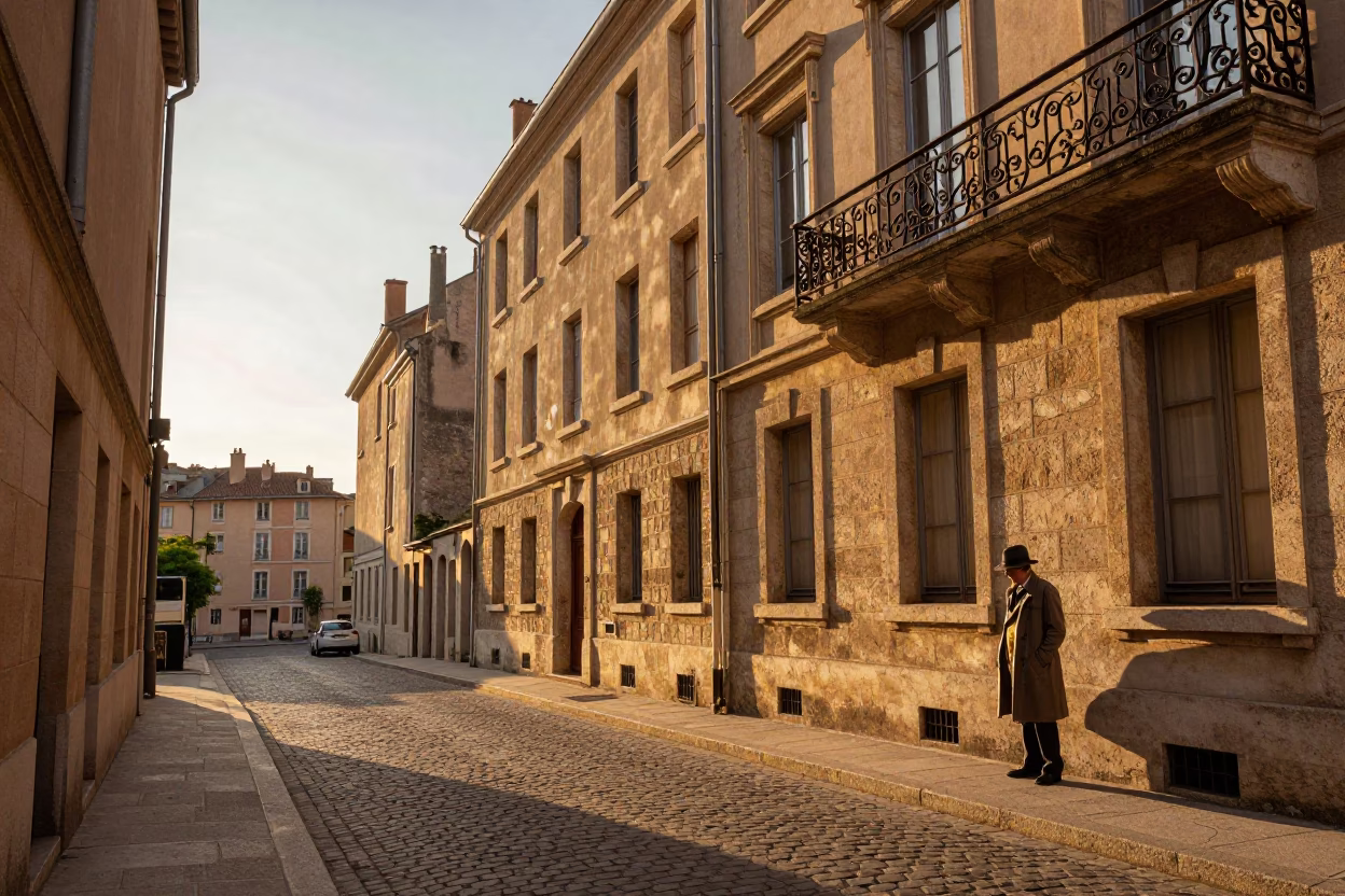 Sunset street scene in Lyon France with vintage 1950s aesthetic and local life in in Lyon, France
