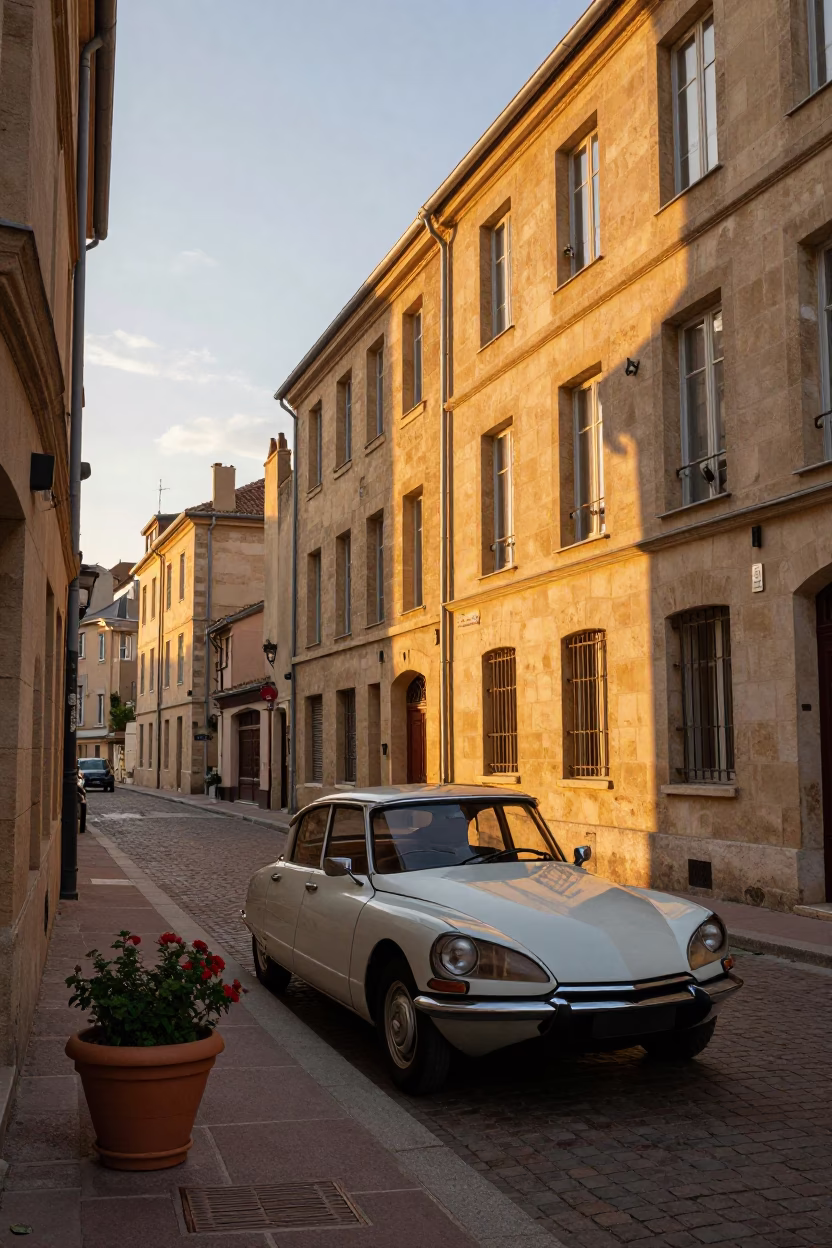Sunset Street Scene in Lyon France with Vintage Car and Flowerpot on Balcony in in Lyon, France