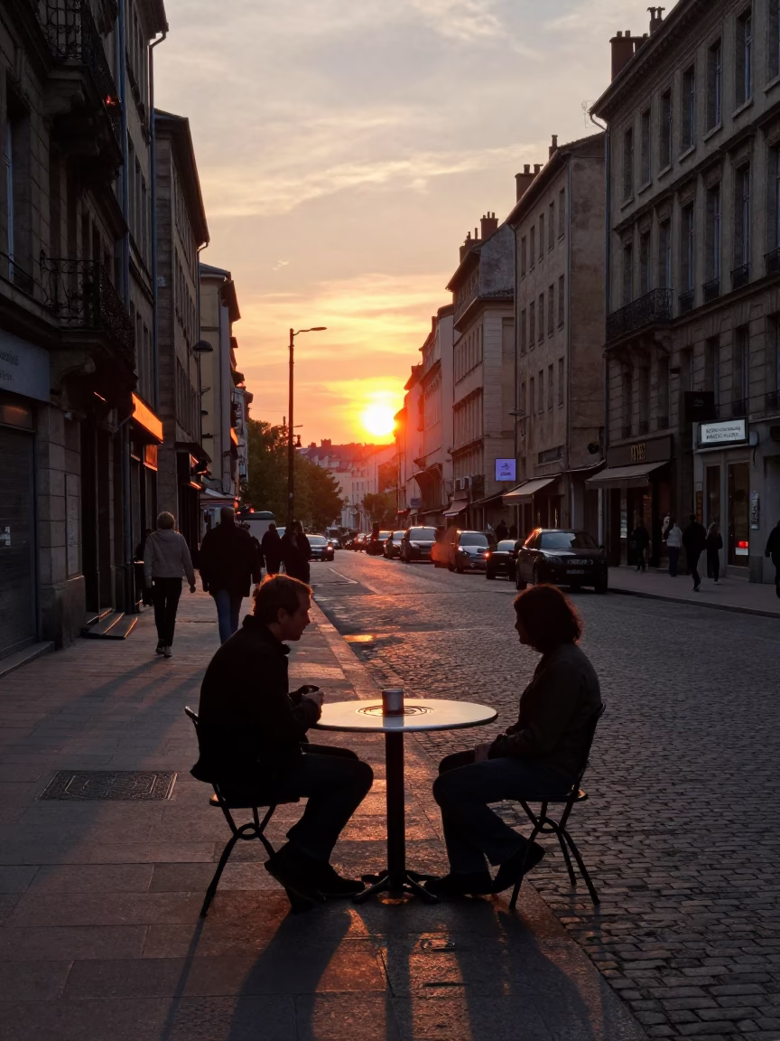Sunset Street Scene in Lyon France with Water Rings on Table in in Lyon, France