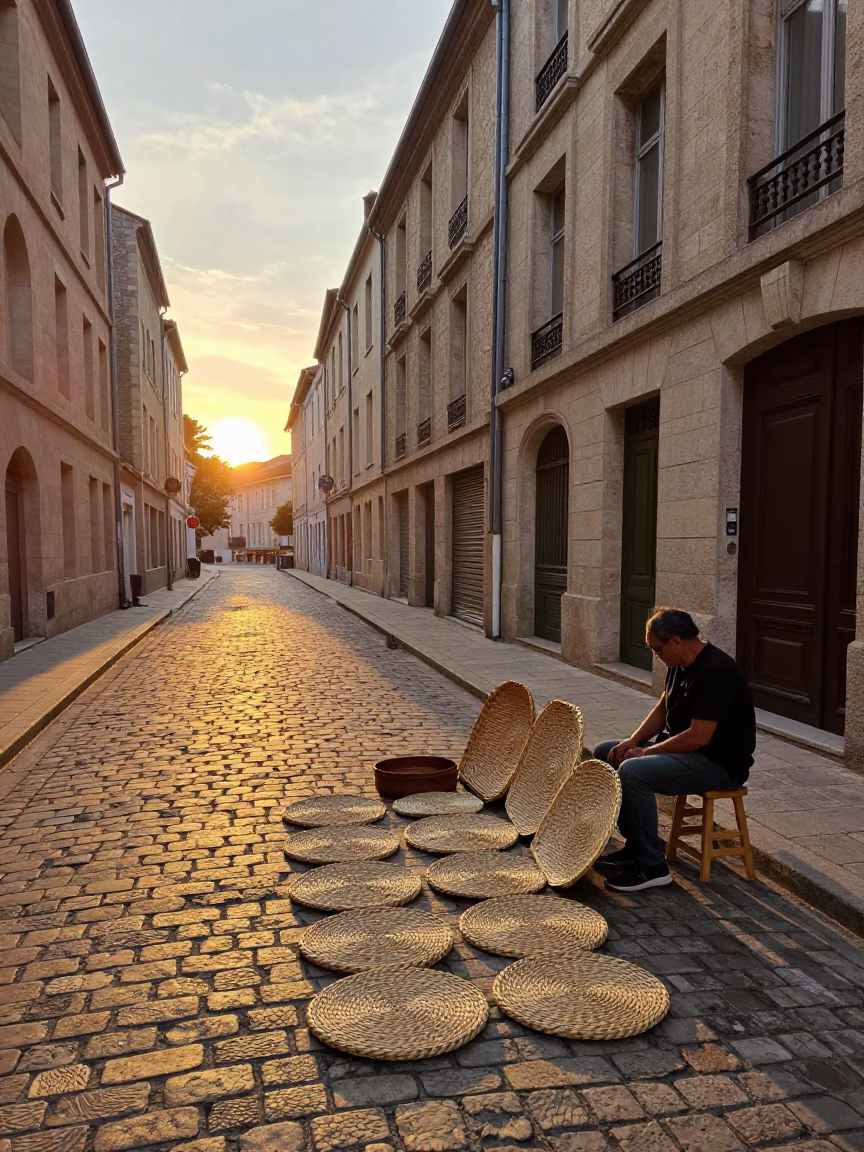 Sunset street scene in Lyon France with woven mats and wooden stool in in Lyon, France