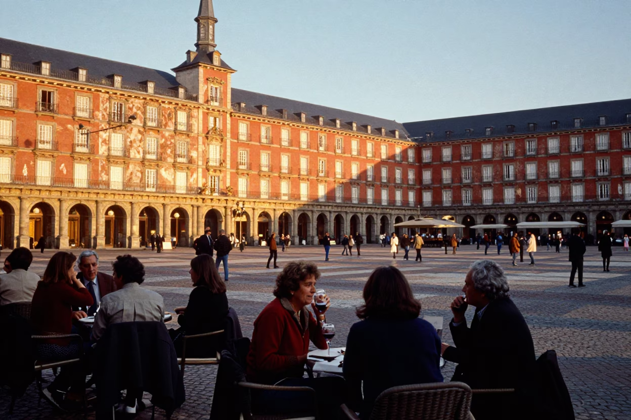 Sunset street scene in Madrid Spain with bustling plaza and traditional architecture in in Madrid, Spain
