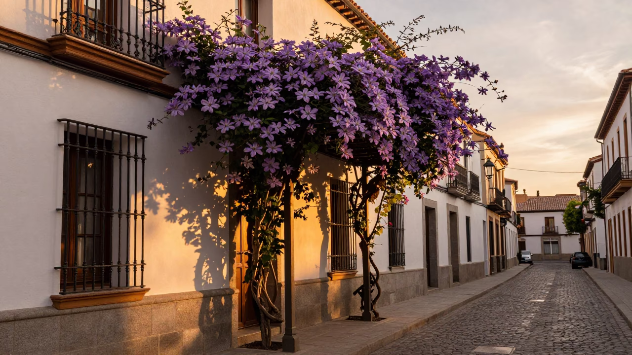 Sunset street scene in Madrid Spain with clematis vine and local architecture in in Madrid, Spain