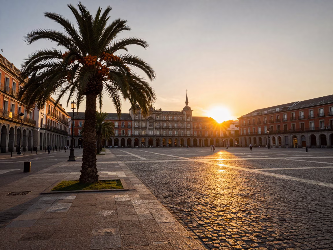 Sunset Street Scene in Madrid Spain with Date Palm and Cobblestone Reflections in in Madrid, Spain