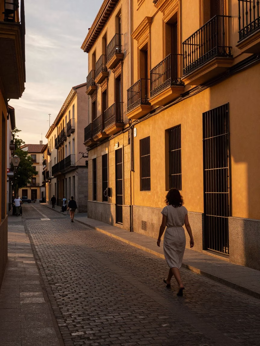 Sunset Street Scene in Madrid Spain with Pedestrians and Urban Details in in Madrid, Spain