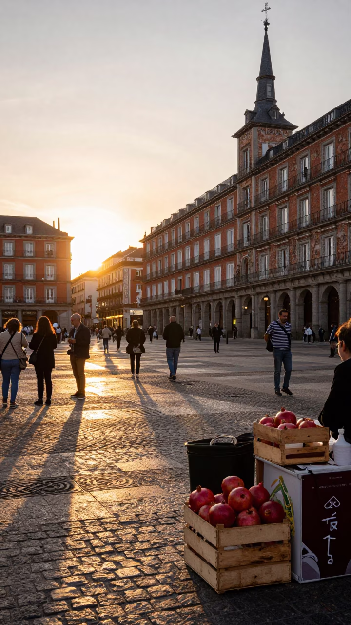 Sunset Street Scene in Madrid Spain with Pomegranate and Urban Details in in Madrid, Spain