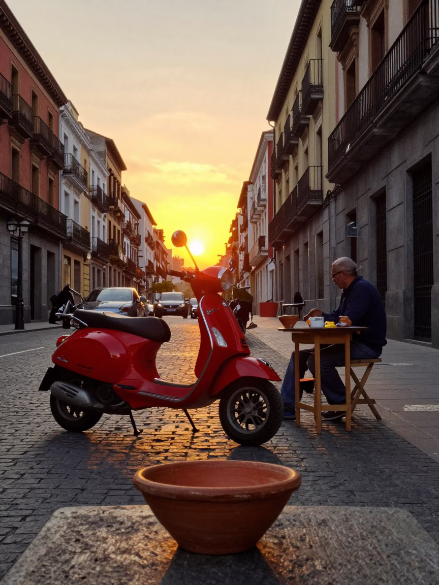 Sunset Street Scene in Madrid Spain with Scooter and Terracotta Bowl in in Madrid, Spain