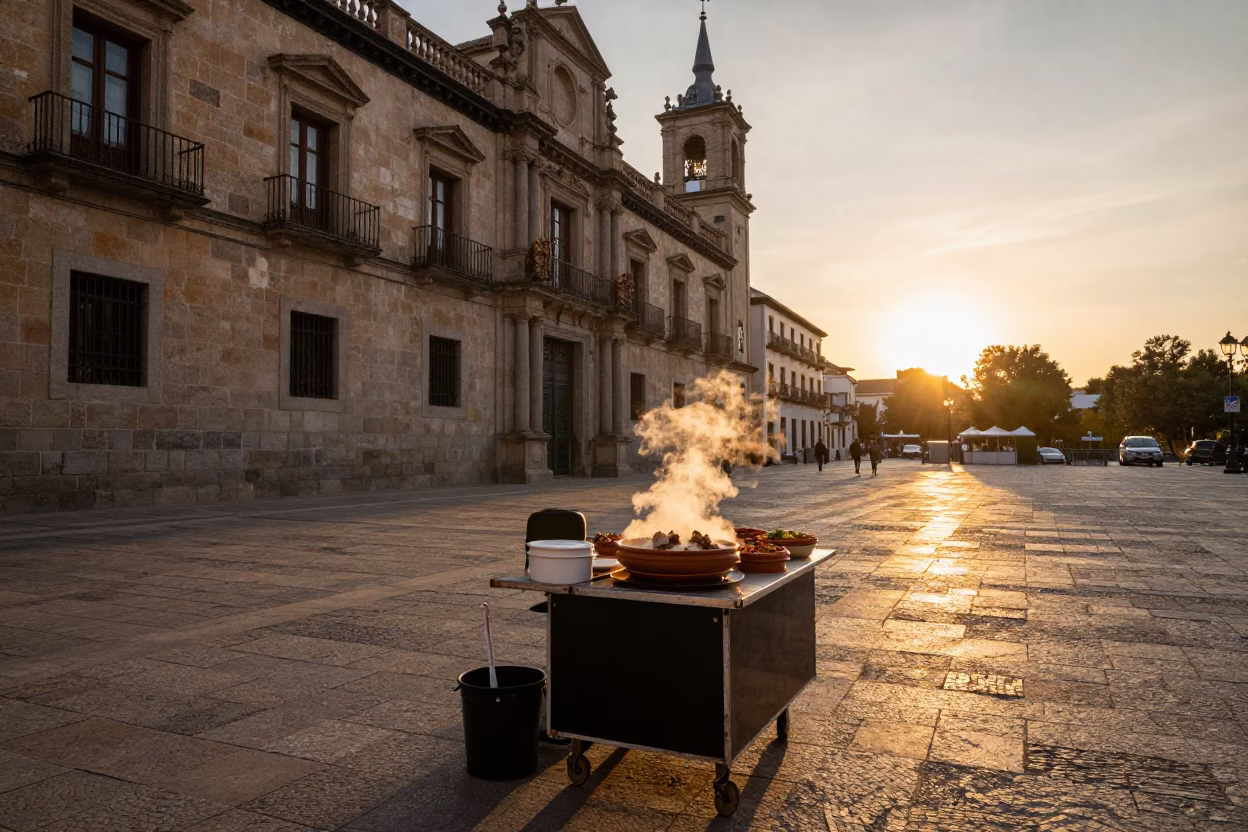 Sunset Street Scene in Madrid Spain with Traditional Food and Historic Architecture in in Madrid, Spain