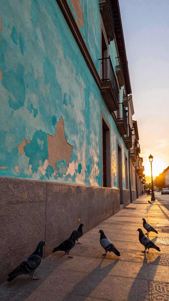 Sunset Street Scene in Madrid Spain with Turquoise Paint and Pigeons in in Madrid, Spain