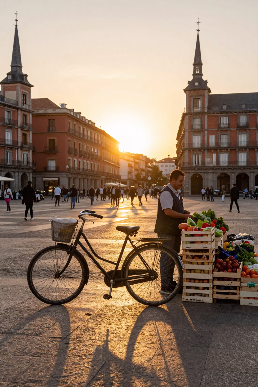 Sunset Street Scene in Madrid Spain with Vintage Bicycle and Local Market Details in in Madrid, Spain