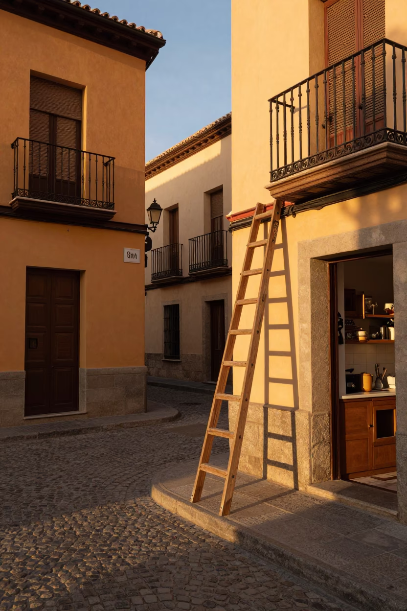 Sunset Street Scene in Madrid Spain with Wooden Ladder and Kitchen Shelves in in Madrid, Spain