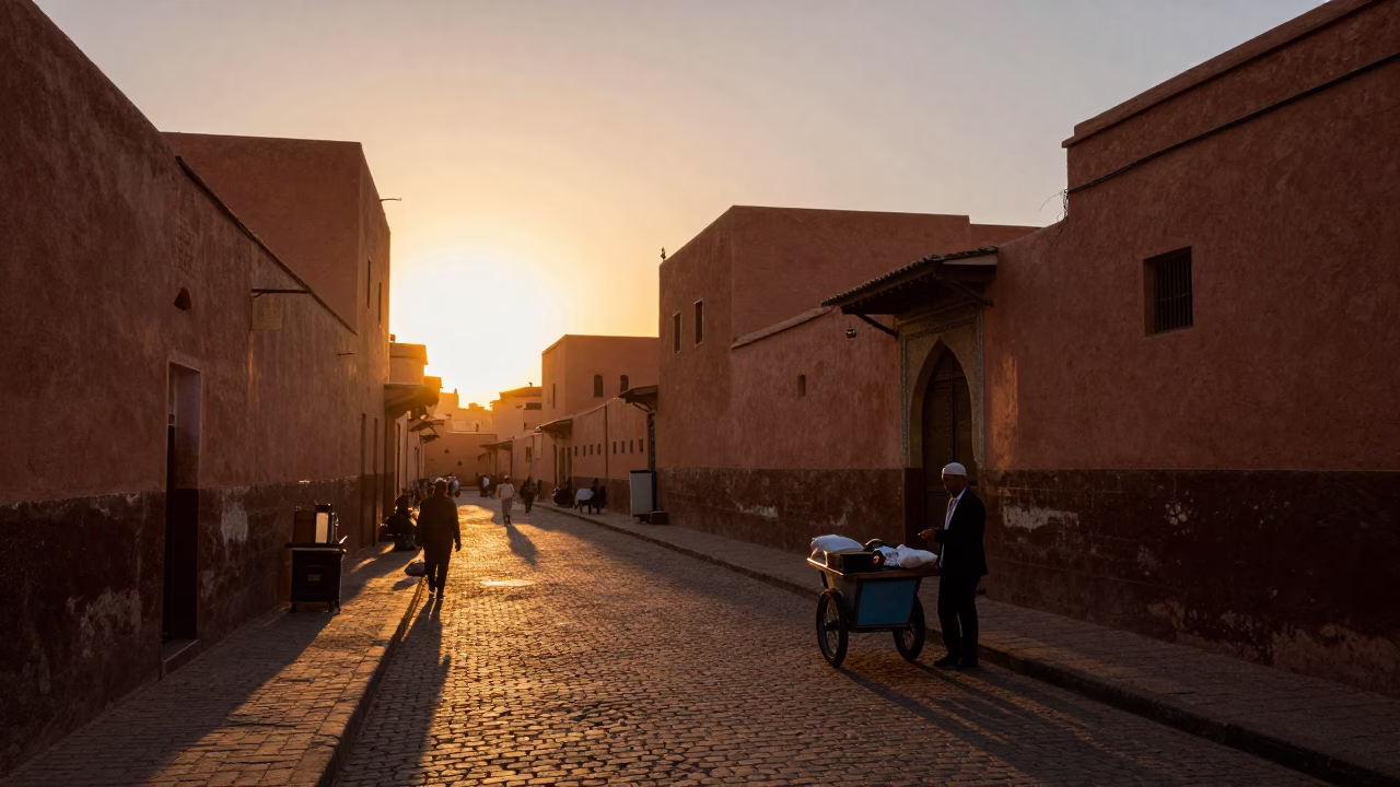 Sunset Street Scene in Marrakech Medina with Vendor and Vintage Car Rally in in Marrakech, Morocco