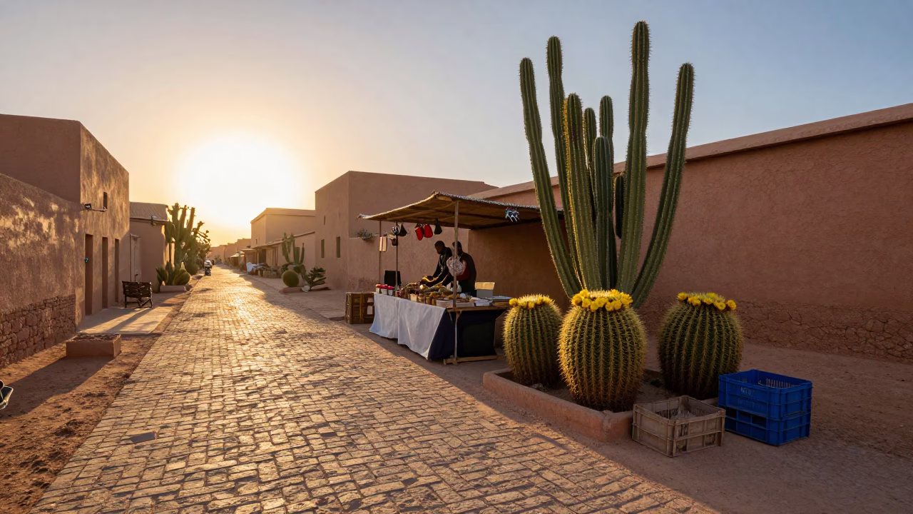 Sunset Street Scene in Marrakech Morocco with Barrel Cactus and Crate in in Marrakech, Morocco