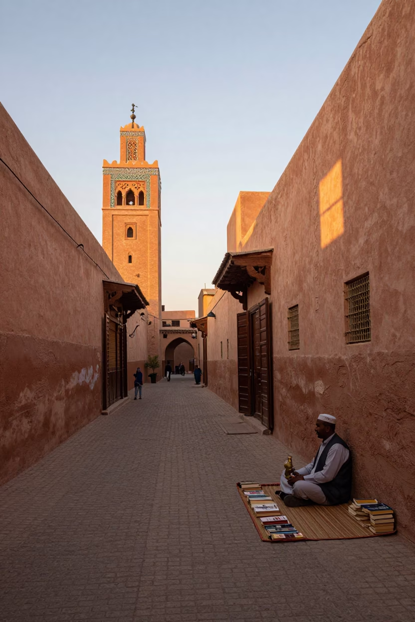 Sunset street scene in Marrakech Morocco with books and brass details in in Marrakech, Morocco