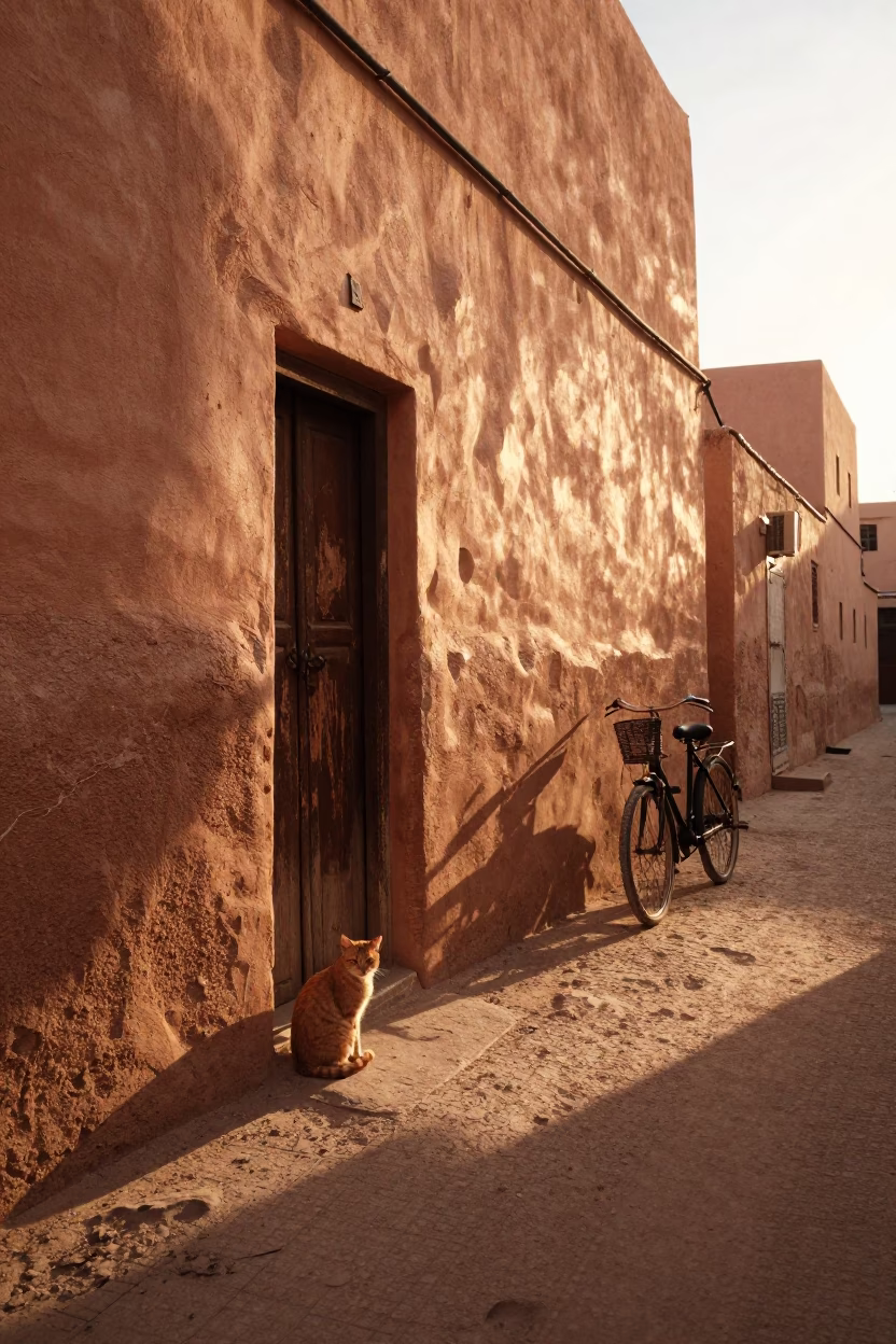 Sunset Street Scene in Marrakech Morocco with Cat and Bicycle in in Marrakech, Morocco
