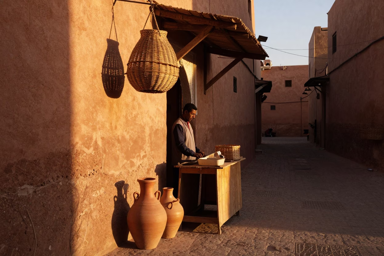 Sunset Street Scene in Marrakech Morocco with Clay Pot and Wicker Shadow in in Marrakech, Morocco